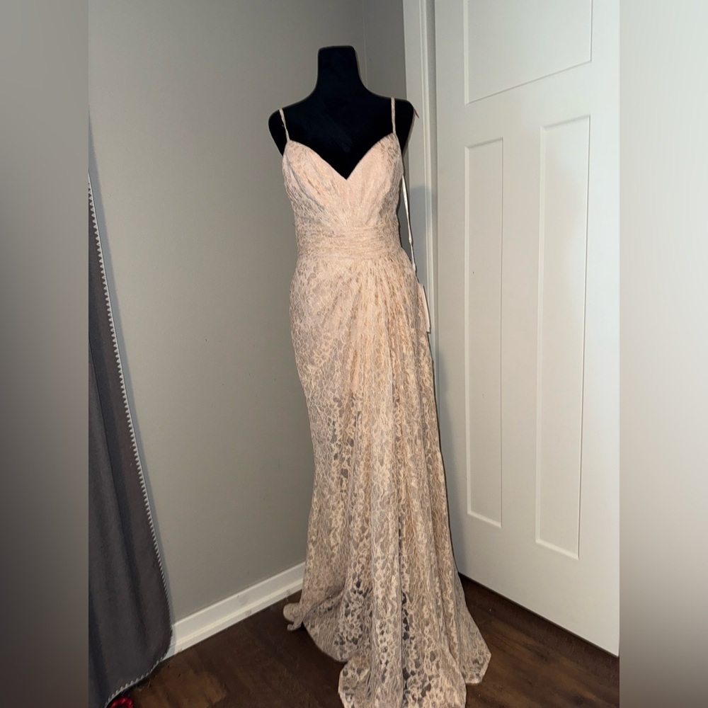 New | Mac DUGGAL Lace Beige Maxi Gown 4 79428